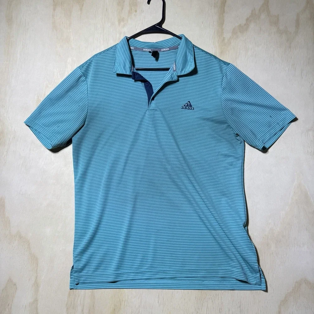 Adidas Men's Large Golf Polo Shirt Blue Striped Performance Short Sleeve Clima